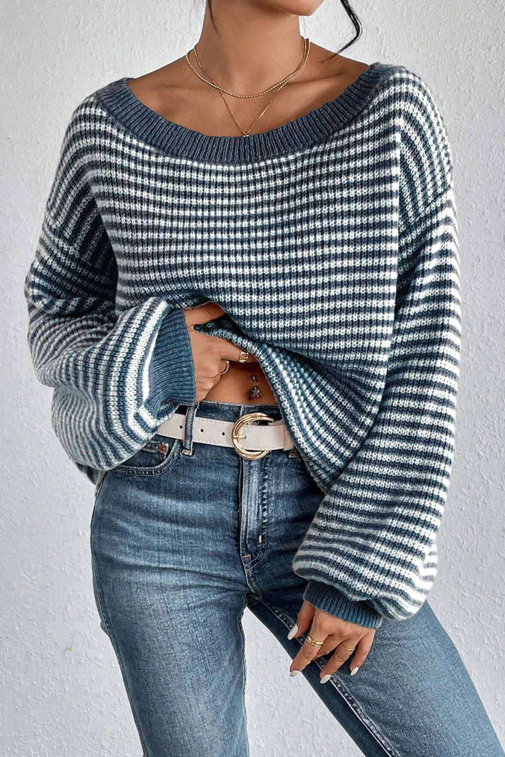 GRACIA - STRIPED OFF-SHOULDER SWEATER